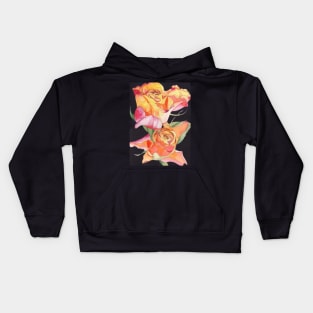 Pink and Yellow Roses watercolour painting with a dark background. Kids Hoodie